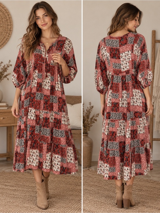 Bo hem Dresses & Skirts - bo’hem Bohemian Patchwork Floral Tiered Midi Dress Size Small